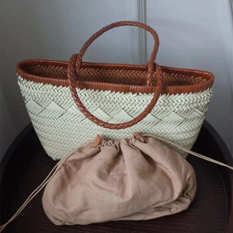 Vintage Hobo Manual Woven Genuine Leather Tote Bag – Hollow-Out Basket Shopping Bag for Women
