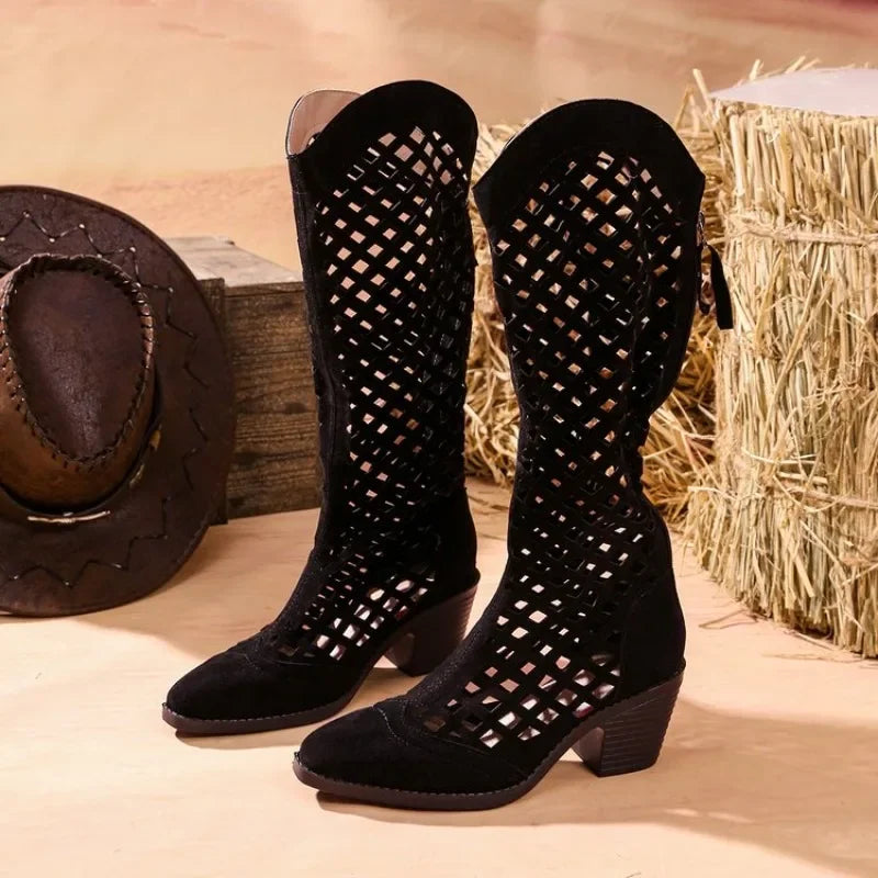 Women's Western Cowboy Hollow Cutout Chunky Heel Mid-Calf Boot | FBA Vibes