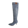 Women's Vintage Denim Slim Heel Pointed Toe Knee-High Boot | FBA Vibes