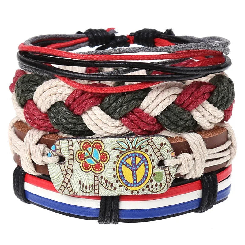 FBA 4-Piece Braided Leather Ethnic Wristband Set | Hope Believe Bracelet