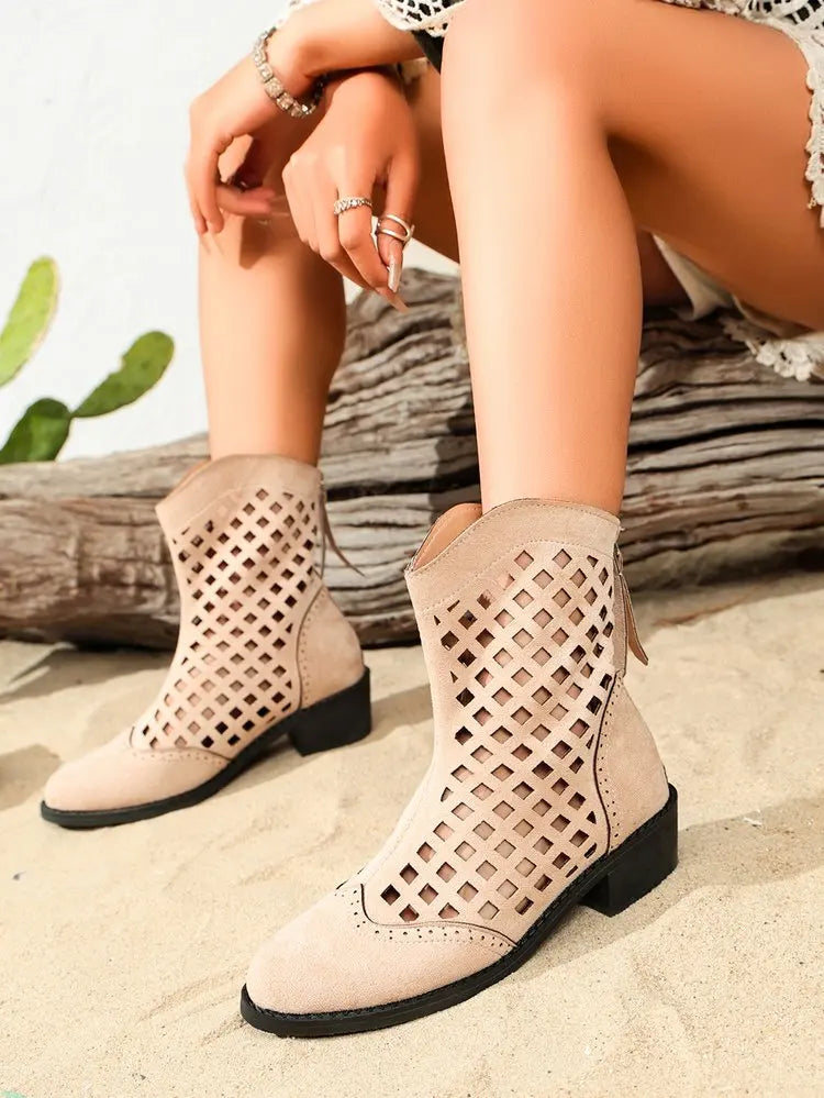 Women's Hollow-Out Western Ankle Bootie with Low Chunky Heel
