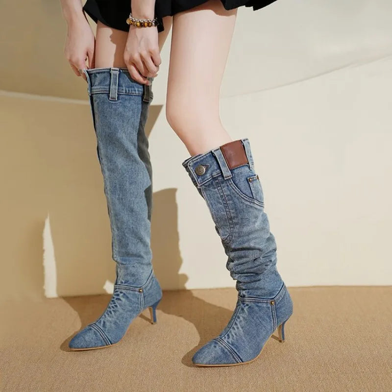 Women's Vintage Denim Slim Heel Pointed Toe Knee-High Boot | FBA Vibes