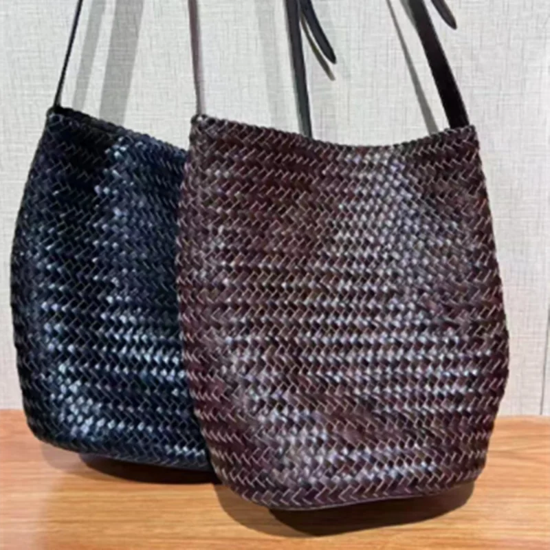 Genuine Leather Hand-Woven Vegetable Basket Tote Bag – Retro Bohemian Shoulder Bag