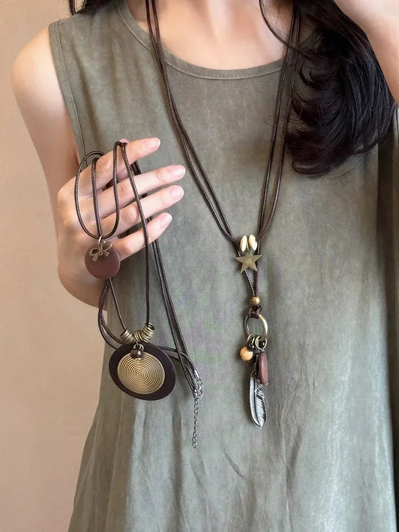 FBA Star Feather Leather Pendant Necklace | Retro Art Jewelry