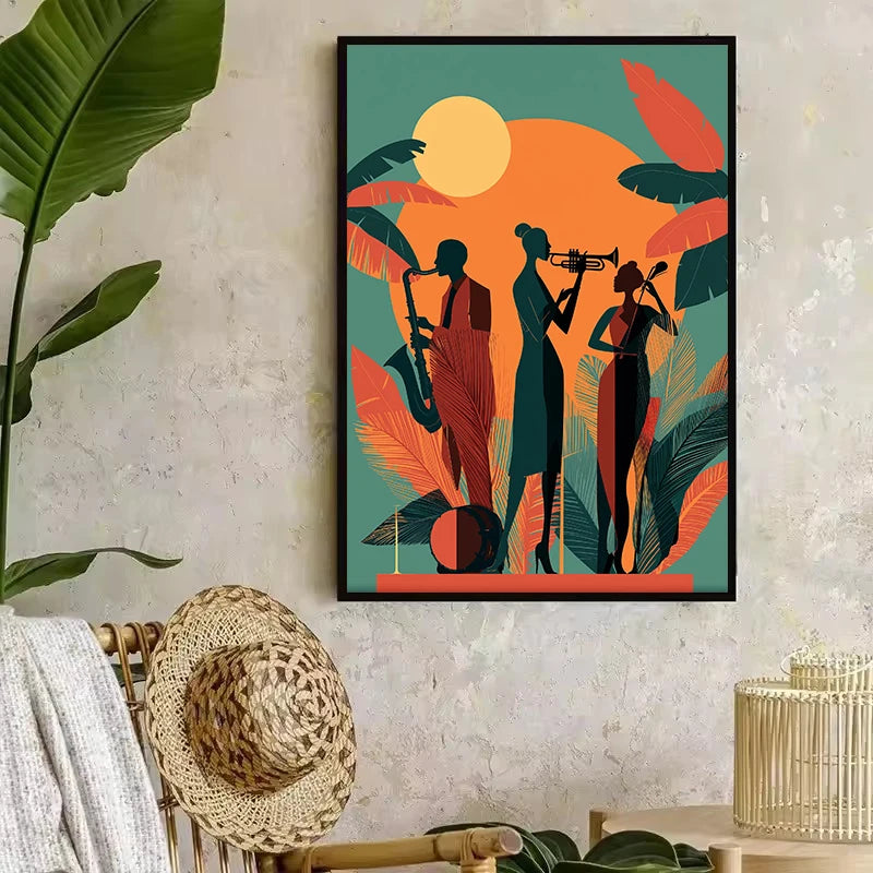 Retro Jazz Band African Musician Canvas Print – Art Deco Wall Art for Home Bar & Living Room