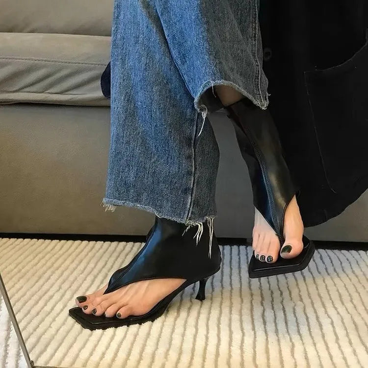 Women's Open Toe Ankle Boot — Kitten Heel, Skinny Strap, Zip