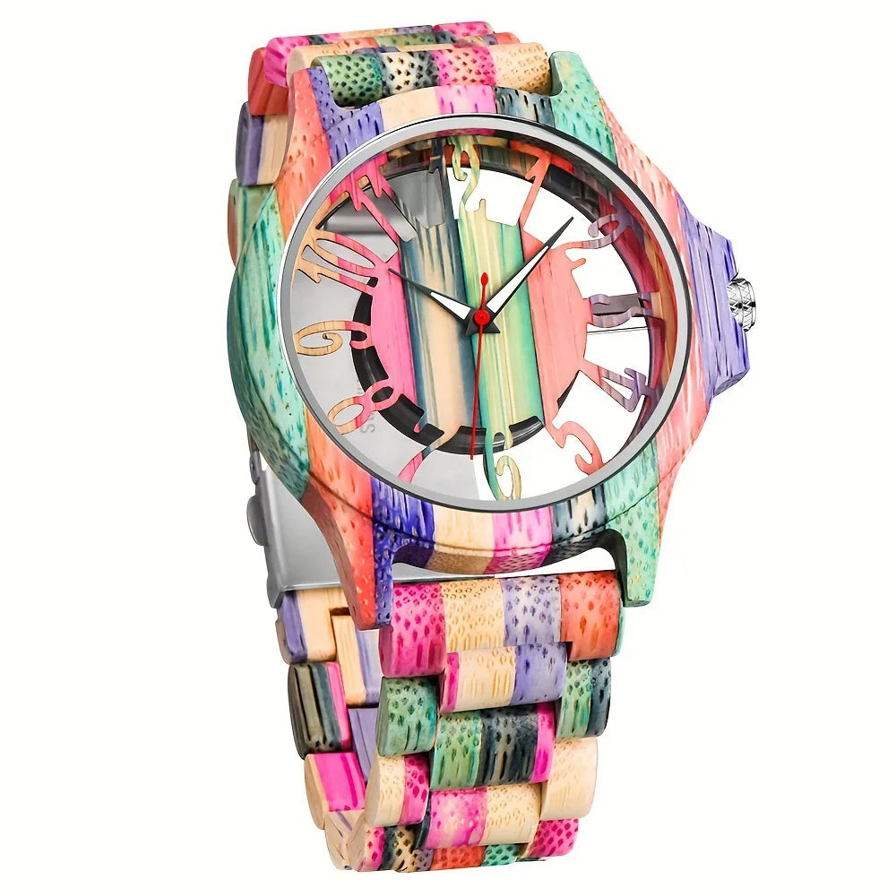 FBA Men's Skeleton Hollowed-Out Wood Watch | Transparent Dial Quartz Wristwatch