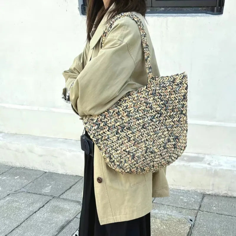 Handwoven PP Grass Straw Beach Tote Bag – Large Capacity Bohemian Travel Bag