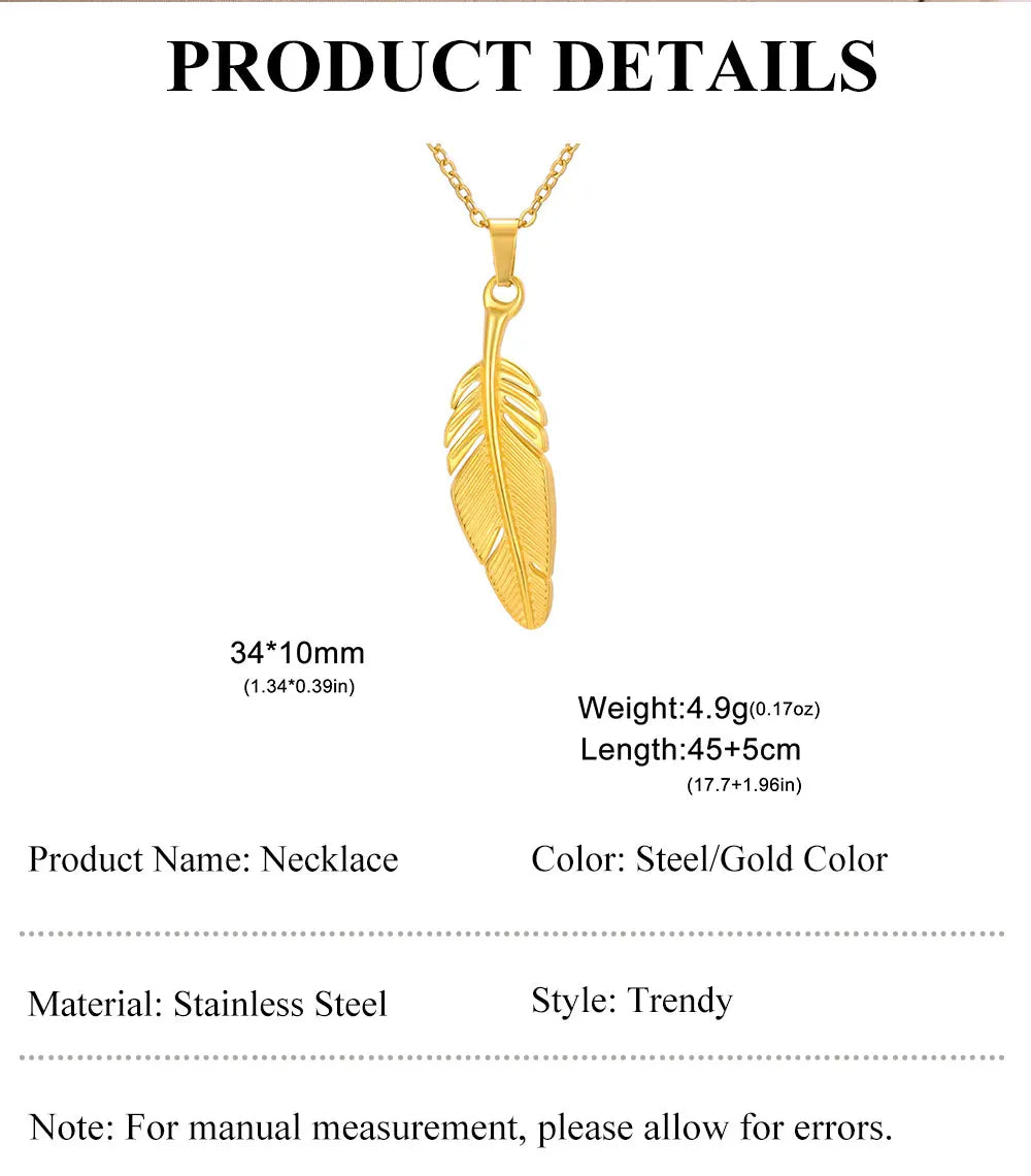 FBA Stainless Steel Feather Leaf Pendant Necklace | Women's Gold Jewelry