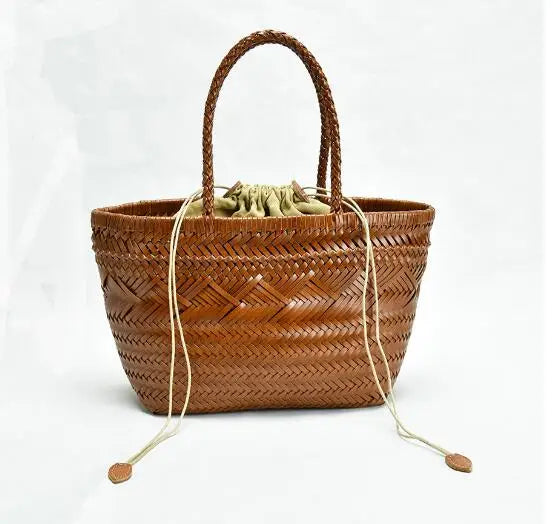 Vintage Hobo Manual Woven Genuine Leather Tote Bag – Hollow-Out Basket Shopping Bag for Women