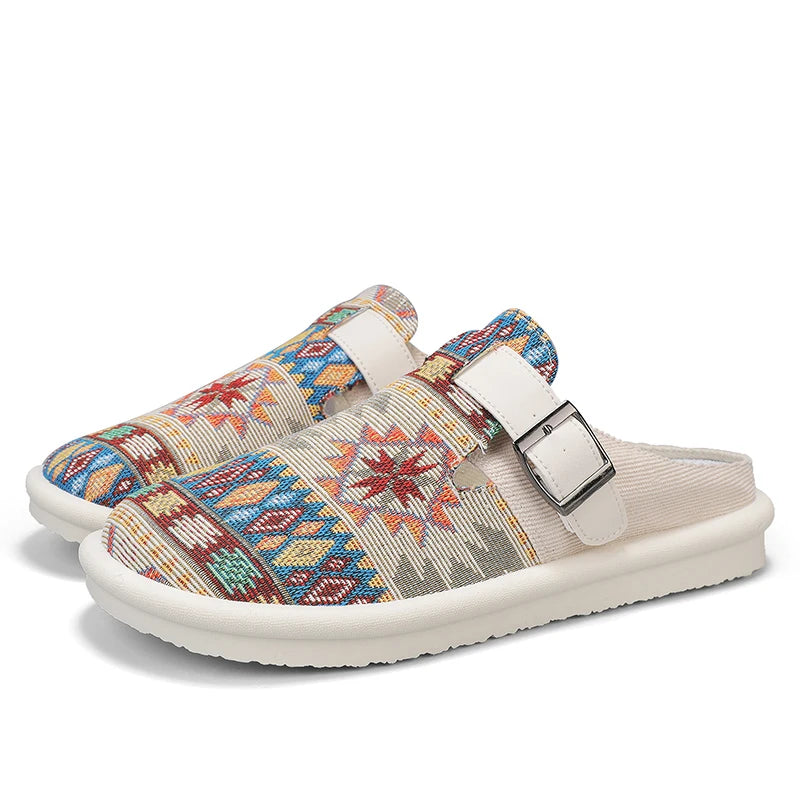 FBA Women's Ethnic Embroidered Linen Slippers | Handmade Comfort Sandals