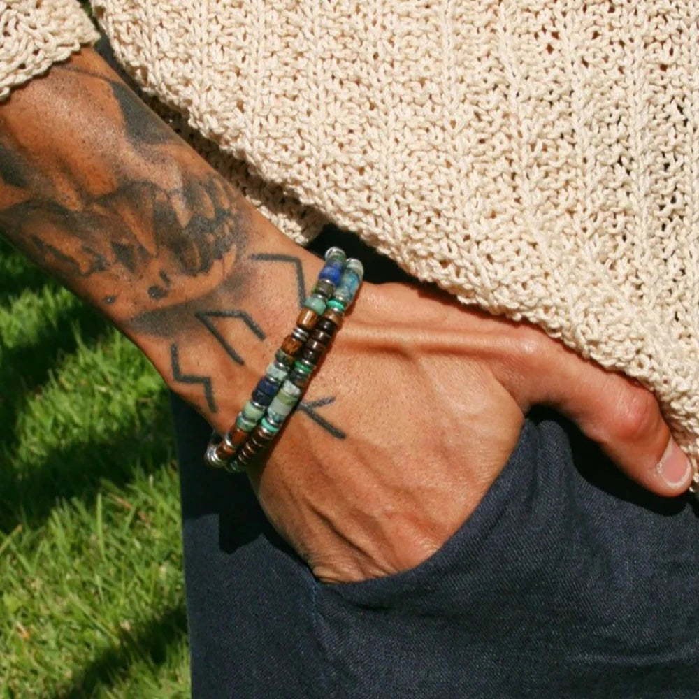 FBA Men's Tribal Wooden Lapis Lazuli Bracelet Set | Boho Jewelry