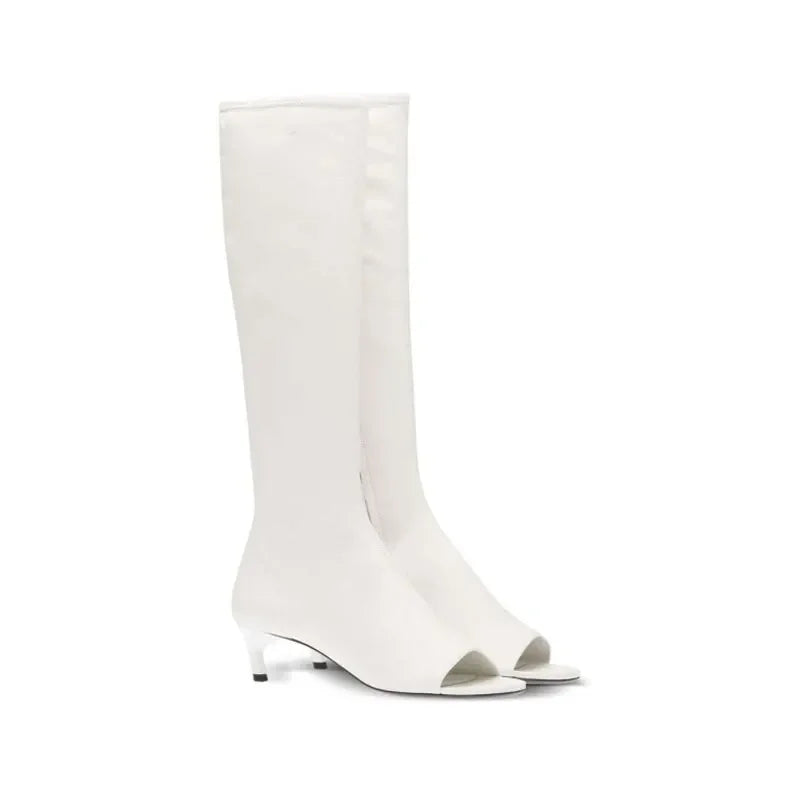 Women's Open Toe Knee-High Boot — Kitten Heel, Multi-Finish