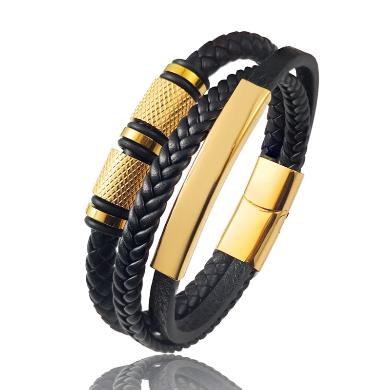 FBA Gold Beads Magnetic Leather Wrapped Bracelet | Men's Charm Jewelry