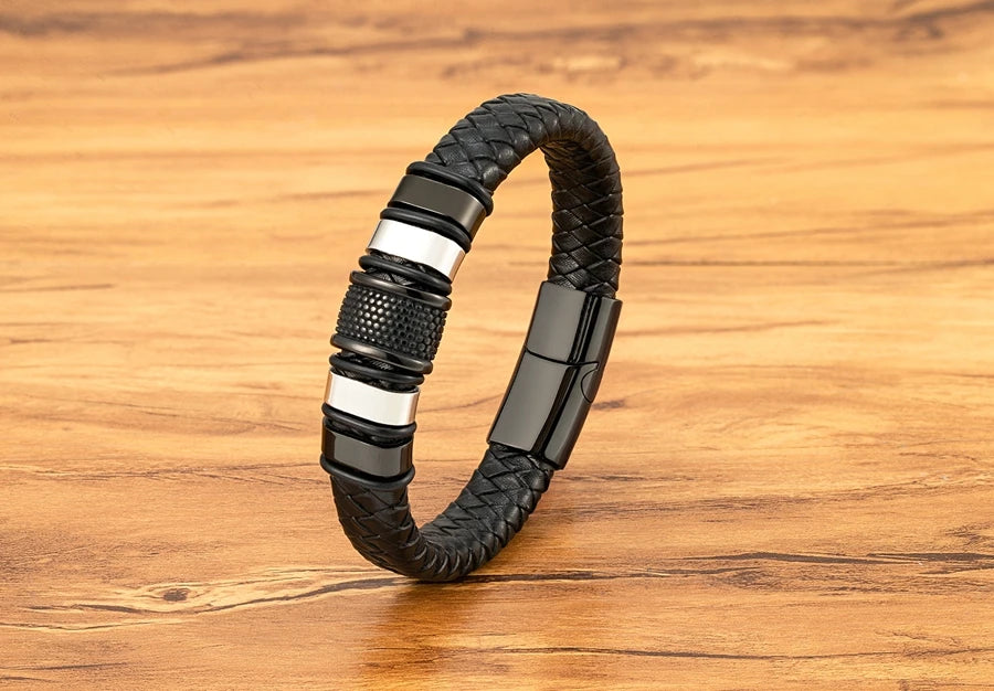 FBA Men's Stainless Steel Beaded Leather Rope Bracelet | Charm Jewelry Gift
