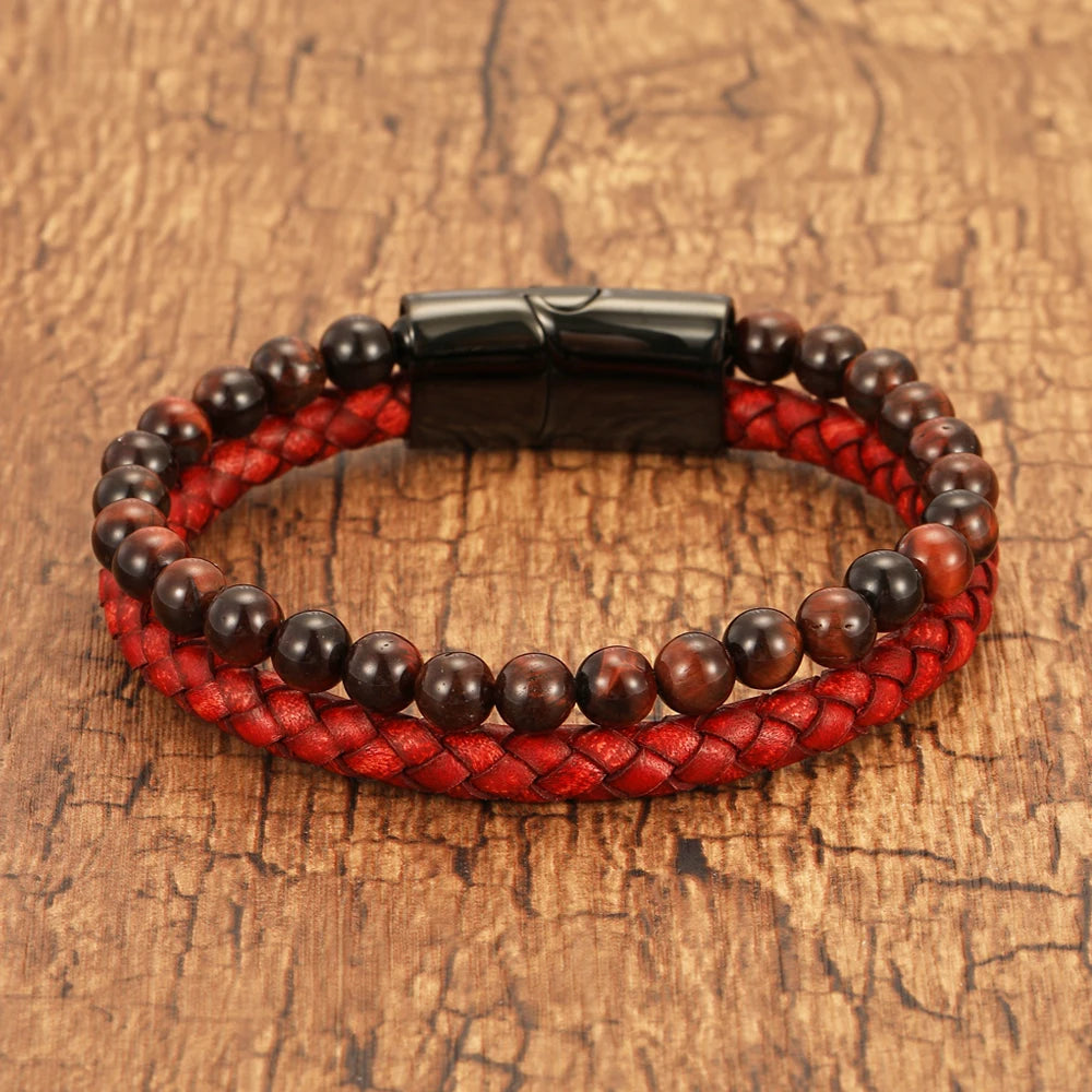 FBA Red Leather Rope Woven Bracelet for Men | Trendy Jewelry