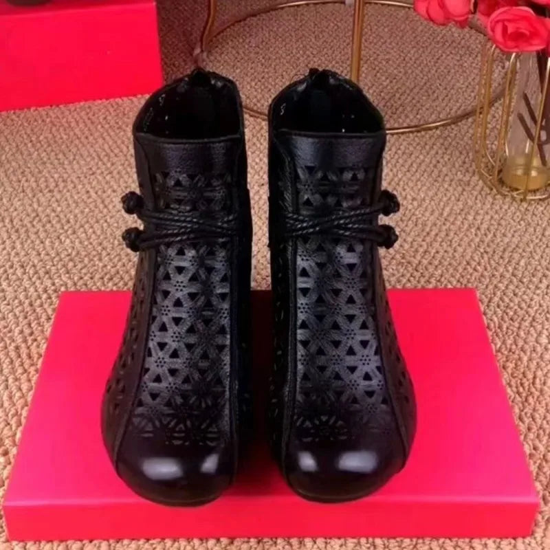 Women's Hollow-Out Ankle Boot — Square Heel, Round Toe, Zip-Up