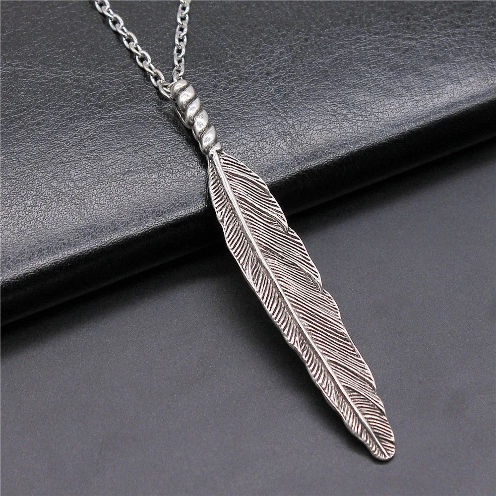 FBA Antique Silver Big Feather Pendant Necklace | Long Chain Jewelry