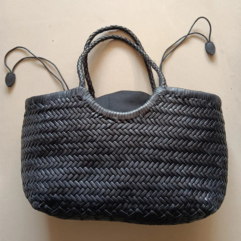 Genuine Leather Woven Basket Tote Bag for Women – Luxury Vintage Cowhide Shoulder Bag