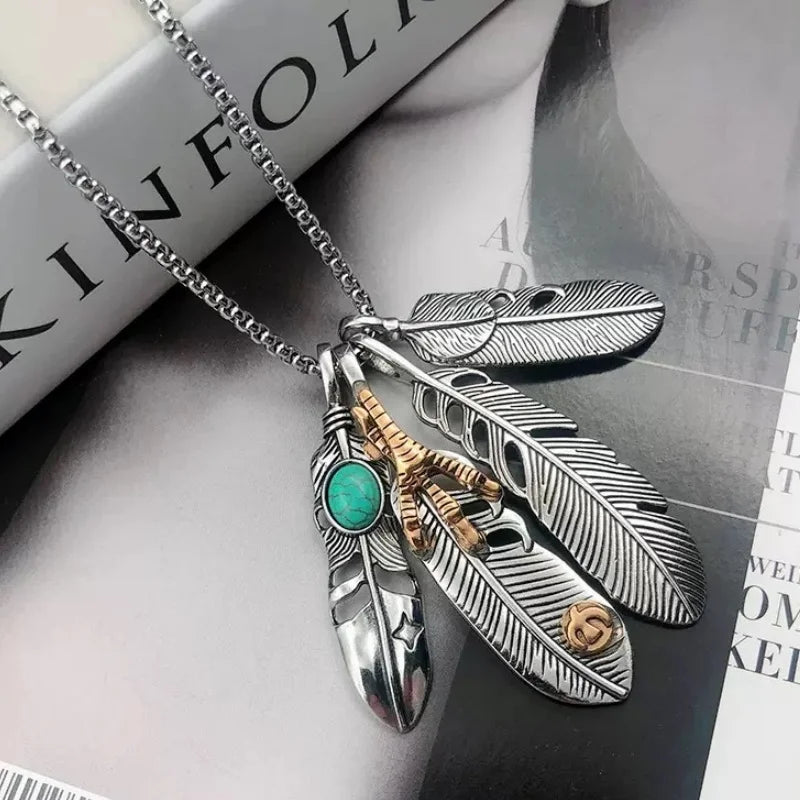 FBA Feather Print Stainless Steel Pendant Necklace | Street Style Jewelry