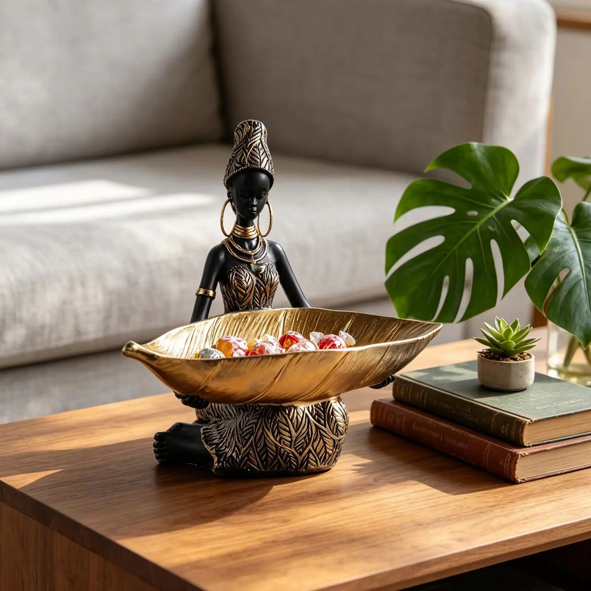 African Girl Holding a Plate Sculpture | Vintage Resin Storage Ornament for Home & Office Decor