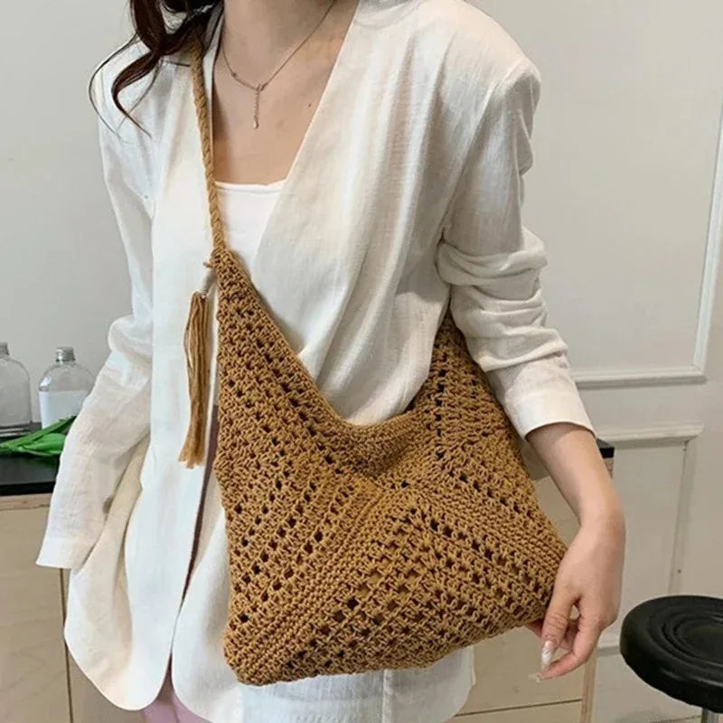 Summer Crochet Boho Shoulder Bag for Women – Knitted Hollow-Out Beach Vacation Tote