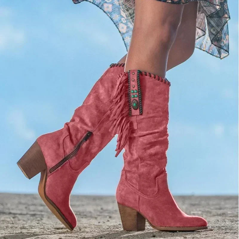 Women's Retro Metal Buckle Tassel Western Cowboy Knee-High Boot