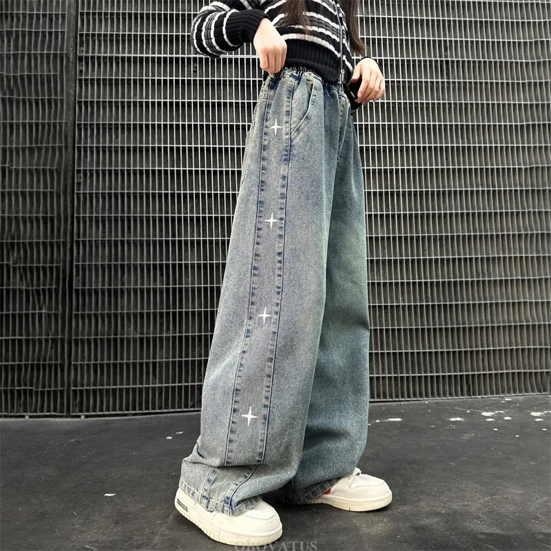 Girls' American Retro Star Graphic Straight Leg Jeans – Kids Hip Hop Streetwear Denim Pants | Blue | Ages 5–14 | FBA Vibes