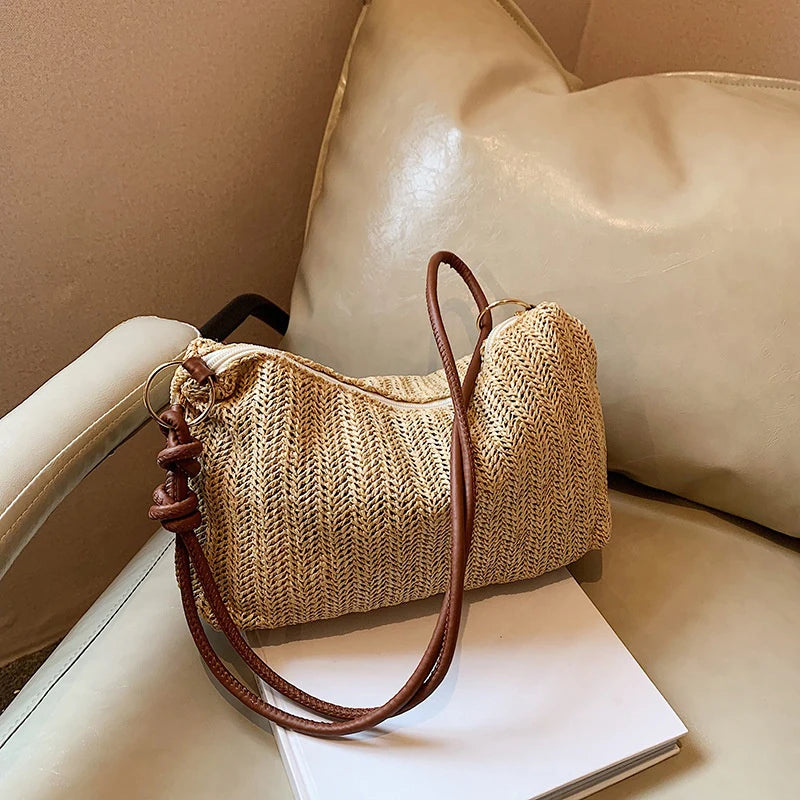 Striped Woven Straw Tote Bag with Zip Closure & Coin Purse – Lightweight Beach Vacation Bag