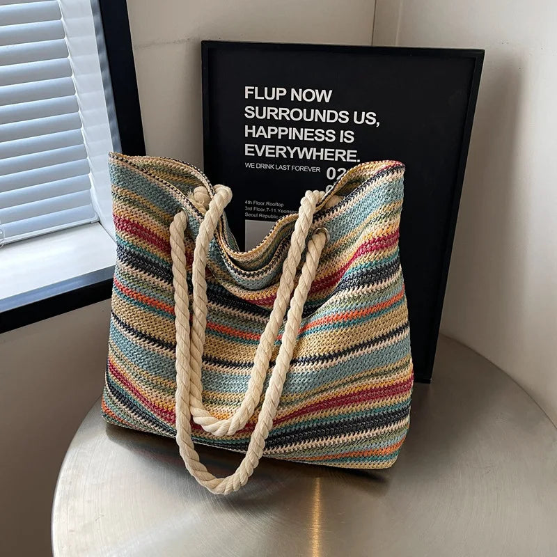 Ethnic Style Grass Woven Tote Bag for Women – Large Capacity Summer Beach Shopping Shoulder Bag