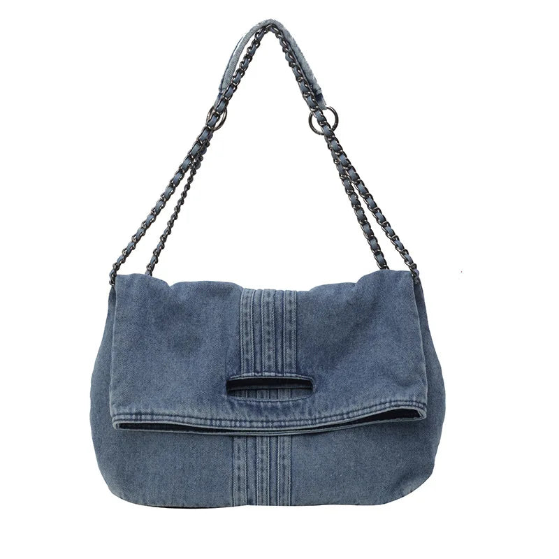Denim Tote Bag with Chain Strap – Large Capacity Commuter Crossbody Bag