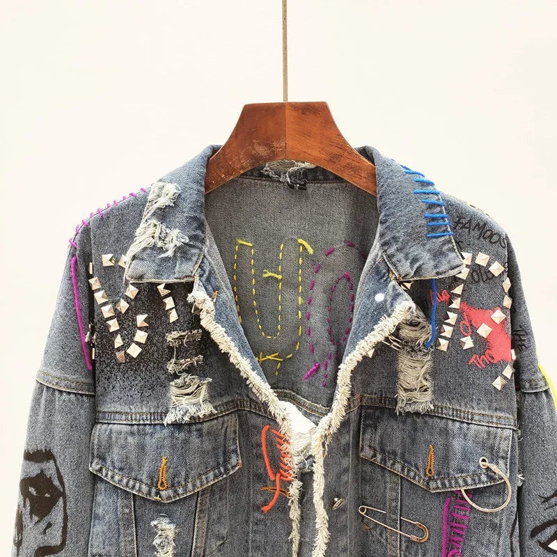 Women's Graffiti Frayed Raw Cut Denim Jacket – Short Rivet Fringe Jean Coat | Blue | S–XL | FBA Vibes