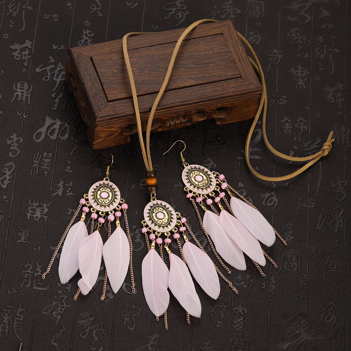 FBA Feather Necklace & Earring Set | Boho Tassel Jewelry