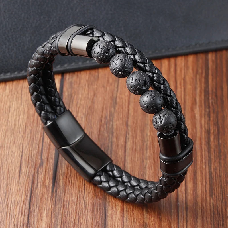 FBA Men's Beaded Leather Magnetic Clasp Bracelet | Natural Stone Jewelry