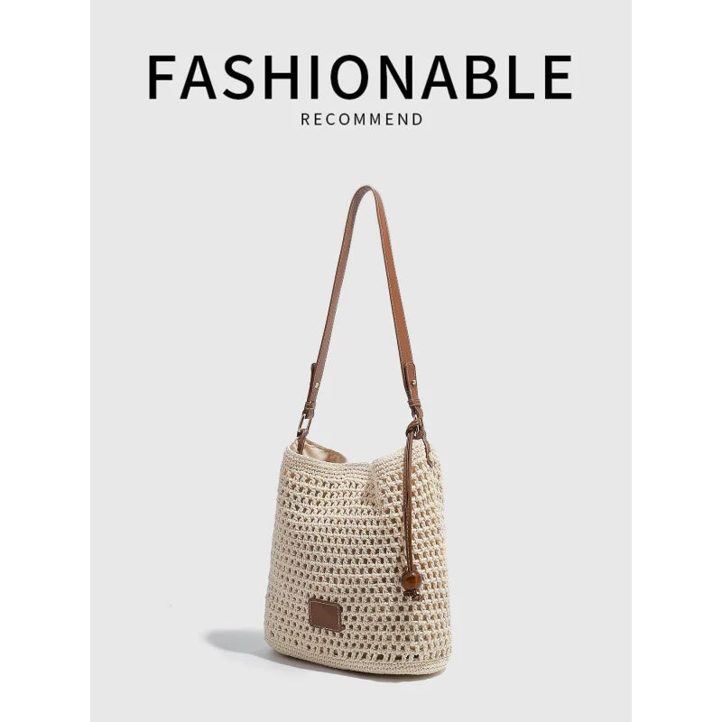 Woven Hollow PU Leather Bucket Tote Bag for Women – 2026 Spring Summer Beach Vacation Shoulder & Underarm Bag