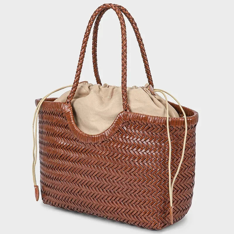 French Hand-Woven Genuine Leather Tote Bag – Large Vegetable Basket Shoulder & Underarm Bag