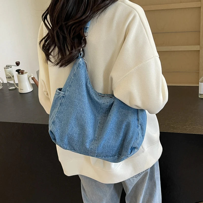 Casual Denim Retro Crossbody Shoulder Bag for Women – Large Capacity Portable Tote
