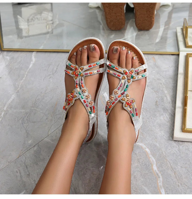 FBA Women's Rhinestone Bohemian Hollow Flat Sandals | Summer Casual Shoes
