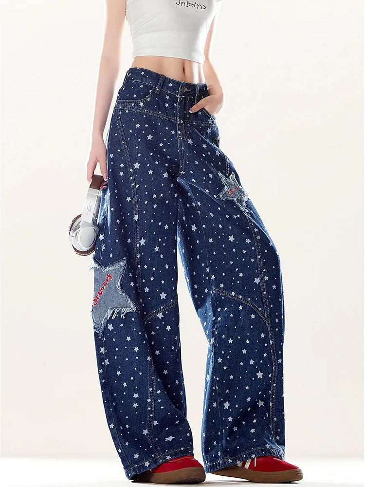 Women's American Hip Hop Stars Print High Waist Wide-Leg Jeans – Y2K Harajuku Vintage Streetwear Denim | Blue | S–XXL | FBA Vibes