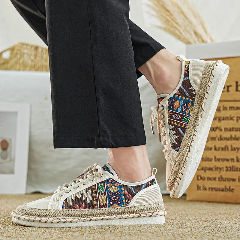 FBA Men's Printed Canvas Fisherman Shoes | Lace-Up Flat Casual Shoes