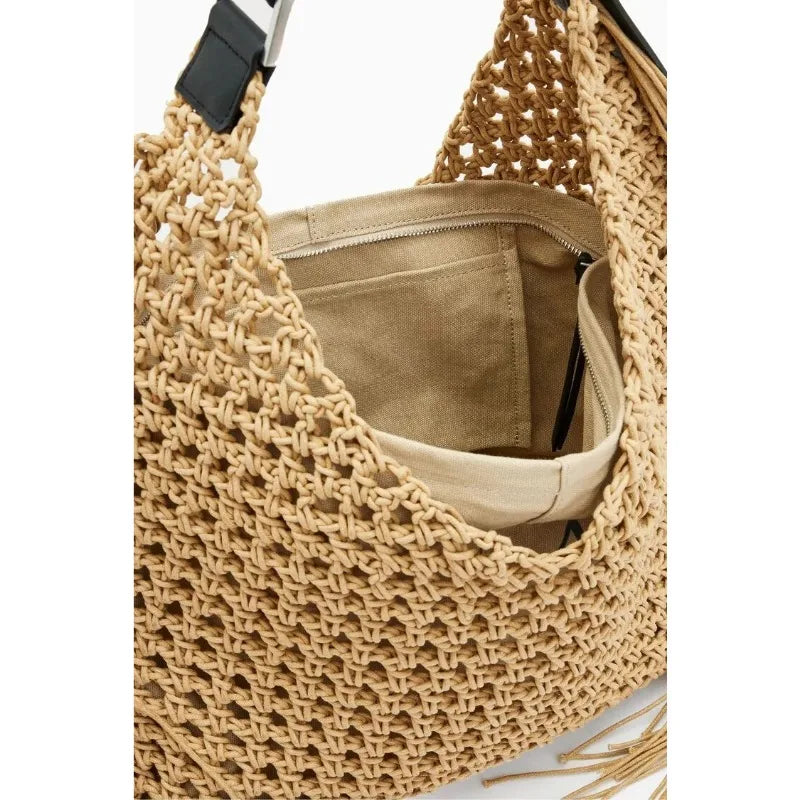 Handmade Woven Hollow-Out Tassel Tote Bag for Women – Bohemian Large Capacity Beach Shoulder Bag