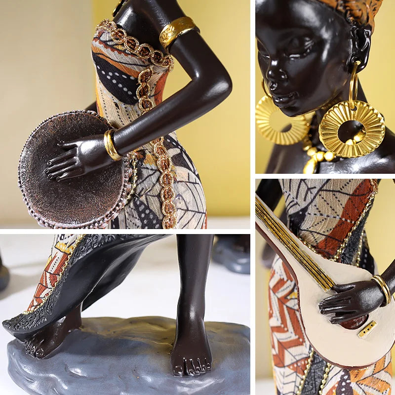 African Female Musician Sculpture | Resin Figurine Decorative Statue for Home & Office Decor
