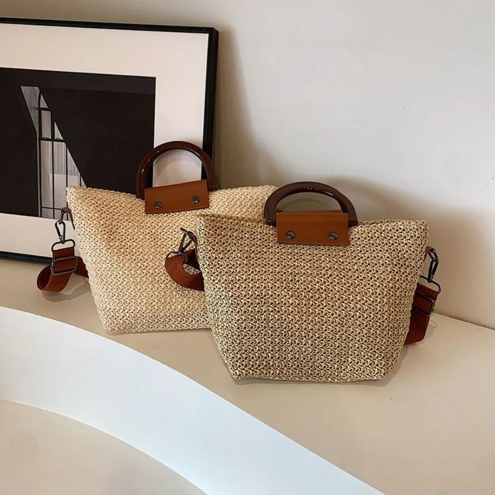 Hand Woven Straw Top Handle Crossbody Bag – Bohemian Beach Vacation Tote