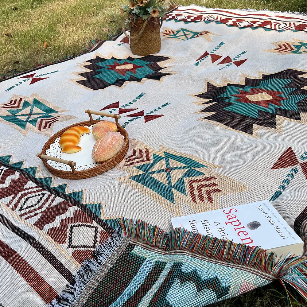Aztec Boho Fringe Throw Blanket – Jacquard Woven | FBA Vibes