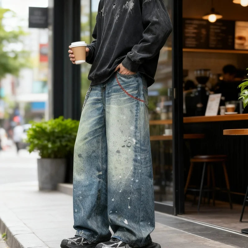 Men's American Retro Washed Distressed High Waist Straight Leg Loose Jeans – Chain Print Streetwear Denim | S–XXL | FBA Vibes