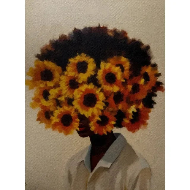 African American Woman Floral Canvas Print | Elegant Black Girl Wall Art for Living Room Home Decor