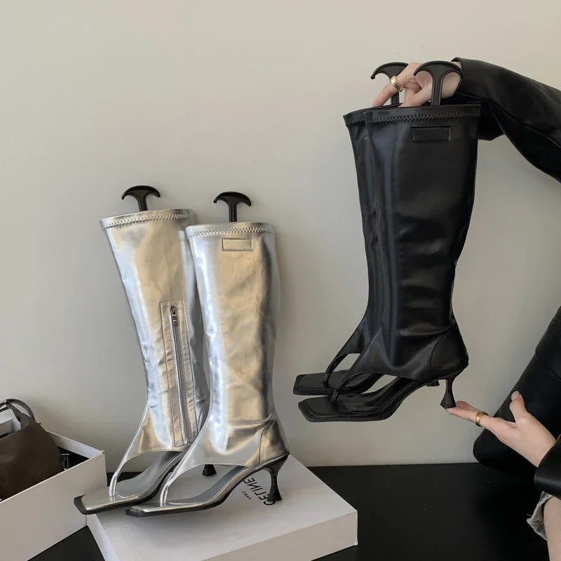Women's Open Toe Knee-High Boot Sandal — Low Heel, Side Zip