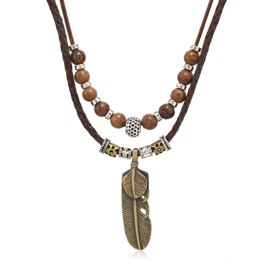 FBA Bohemian Layered Feather Leather Necklace | Ethnic Rustic Jewelry