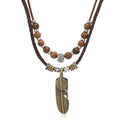 FBA Bohemian Layered Feather Leather Necklace | Ethnic Rustic Jewelry