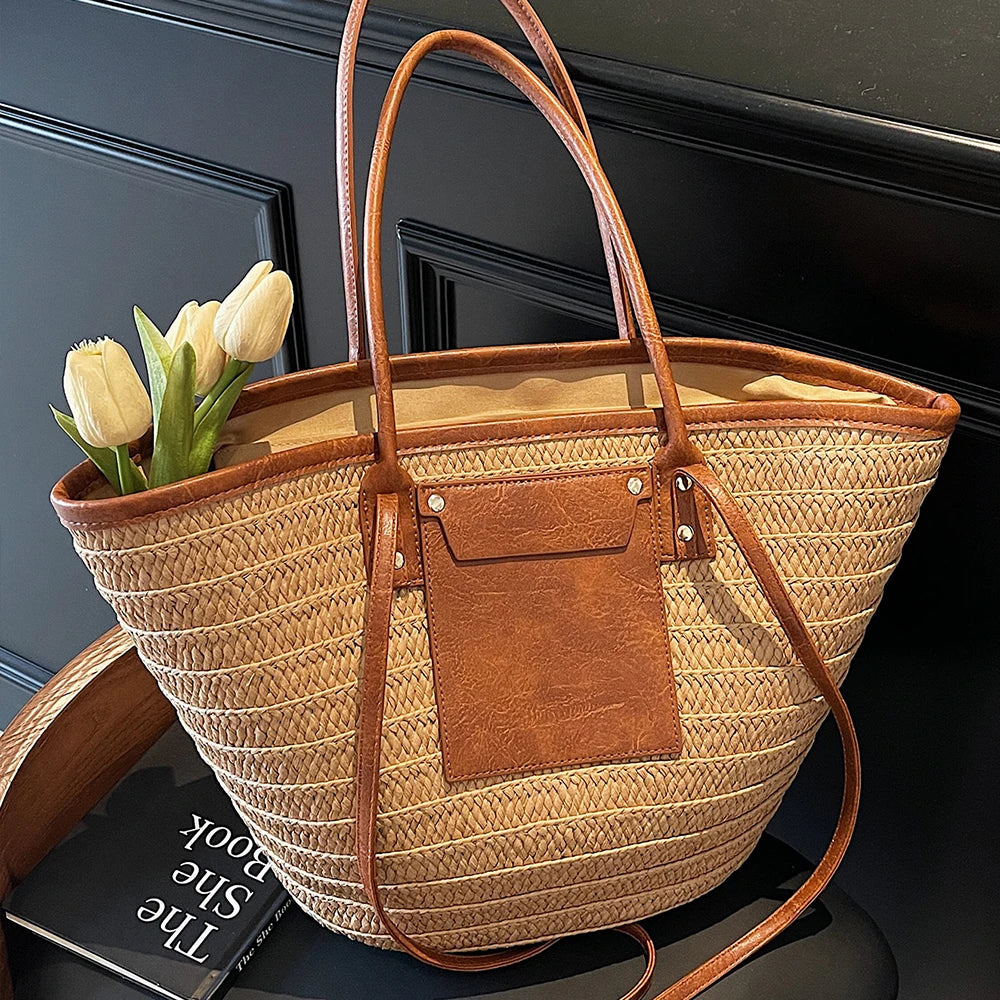 Bohemian Straw Woven Tote Bag with Leather Trim – Large Capacity Beach Vacation Shoulder Bag